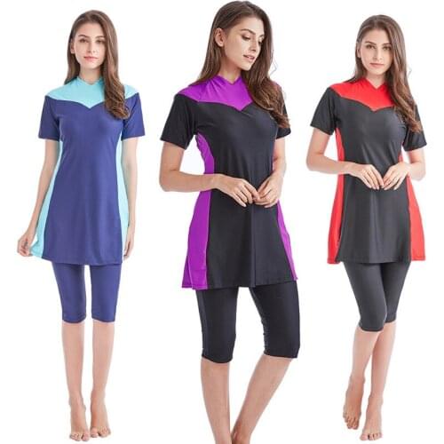 2021 New Style Swimsuit Womens Short-sleeved Conservative Swimsuit Womens Spliced Beach Swimsuit