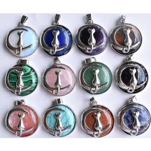 New Fashion Cat Moon Pendant for Necklace Round Natural Stone Cute Kitten Lucky Jewelry Fit Women Necklaces Gift Wholesale12pcs