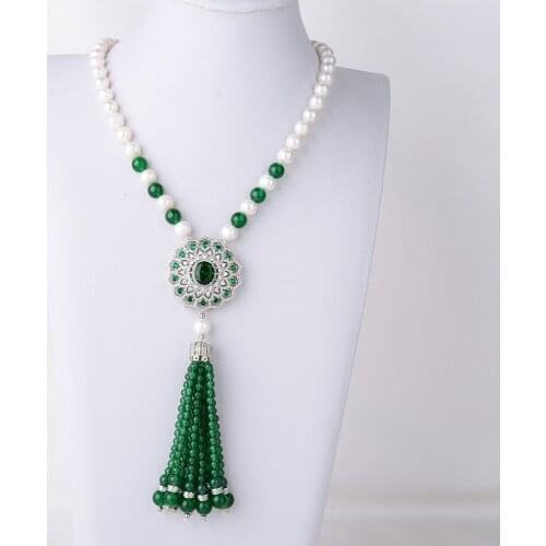 18" Cultured White Pearl Green Gems Stone Necklace CZ Pendant