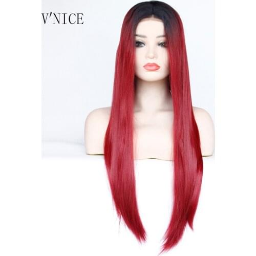 V'NICE Natural Long Straight Dark Roots Ombre Wine Red Wig Middle Part Synthetic Lace Front Wigs for Black Women