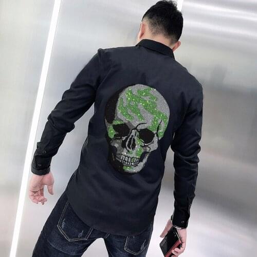 Personalized Sports Men Shirt Exaggerated Fashion Street Hot Drill Skull Loose New Style Long Sleeves