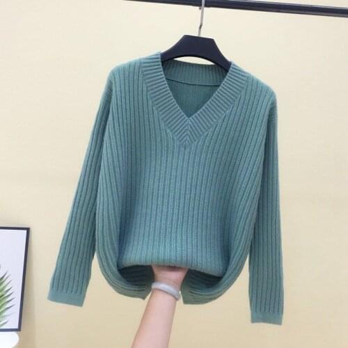 2021 Women Spring Autumn Fashion V-neck Knitted Pullover Tops Female Loose Split Jumpers Ladies Solid Color Sweater Tops R614