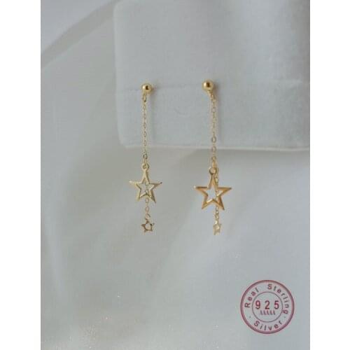 HI MAN 925 Sterling Silver Plated 14K Gold Korean Star Tassel Stud Earrings Women Elegant Anniversary Jewelry