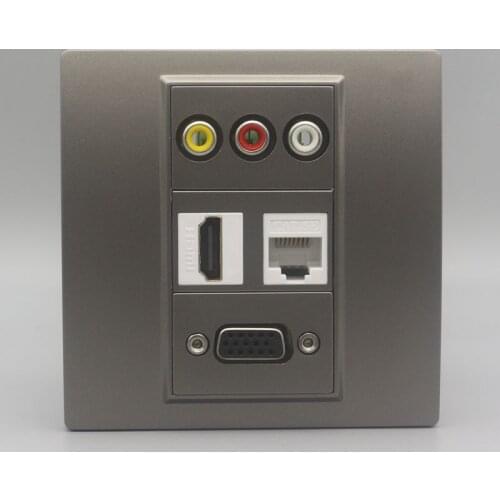 SeTo 86 Type RCA AV Audio + HDMI + RJ45 Cat5E Network + VGA Assorted Panel Wall Plate Gray Panel Faceplate Keystone