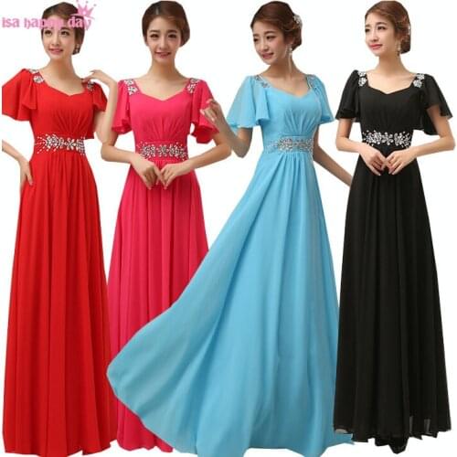 Hot pink and black bridesmaid v neck sleeves brides maids black dresses chiffon bridesmade dress fuchsia long red 2020 B2259
