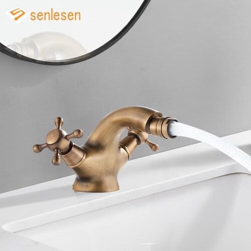 Senlesen Bathroom Basin Faucet Antique Brass Gold Finish Brass Bathroom Double Handles Mixer Tap