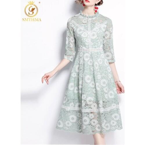 SMTHMA Women New Fashion Spring O-Neck Casual Lace Hollow Out Long Dress Ladies Temperament Half Sleeve Long Dress Vestidos