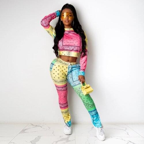 OMILKA Geometric Printed Sporty 2 Piece Set Women Long Sleeve O Neck Tops and Long Pant Set 2020 Autumn Fitness Tracksuit Outfit