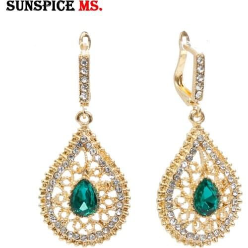 SUNSPICE MS Gold Color Water Drop Dangle Earrings for Women Morocco Ethnic Wedding Jewelry Hollow Flower Rhinestone Bridal Gifts