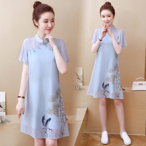 Loose Straight Chiffon Dress Woman Vintage Print Improved Cheongsam Women Short Sleeve Summer Elegant Casual Fashion Dresses