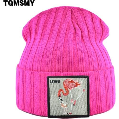 TQMSMY Flamingo Embroidery Beanies Hat Women Outdoor Casual Knitted Skullies Beanies Men Winter Autumn Knit Warm Bonnet TMTB-HLN