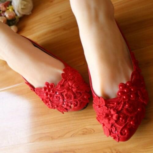Flats red lace shoes woman handmade NQ281 luxury lace pearls bridal wedding flats shoes ladies party dinner anniversary red shoe