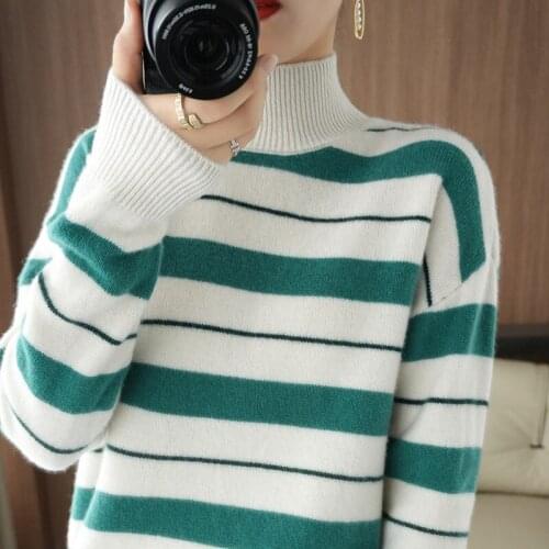 Autumn and Winter new style striped 100% Wool Womens color-blocking thickening Half-high Neck blouse Pullover knitted Sweater
