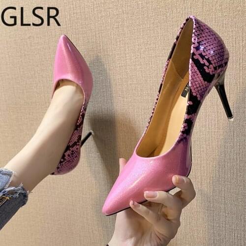 9cm high heels women beige pumps thin heel snake print sexy party prom shoes woman 2020 fashion sliver pink stilettos A0-172