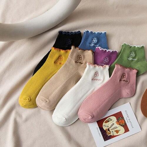 Women Short Socks Cotton Cute Flower Embroidery Kawaii Frilly Socks White Harajuku Pink Ankle Socks With Ruffles