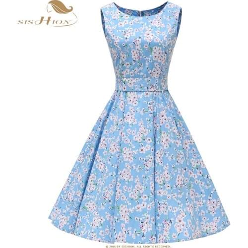 SISHION Floral Dress Sleeveless Women Summer Blue Pink White Tunic Rockabilly Vintage Cotton Dresses VD0771