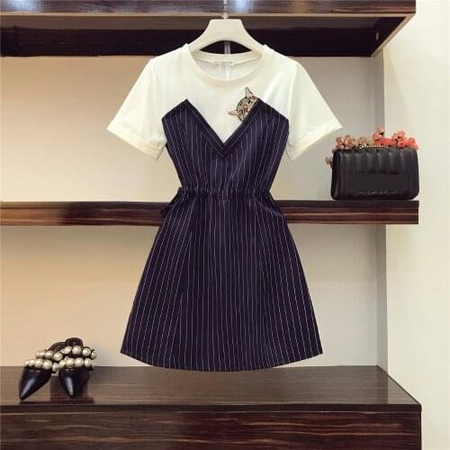 2021 Summer Fashion Women Short Sleeves O Neck Cute Cat Patchwork Stripe A Line Mini Dress Female Casual Dresses