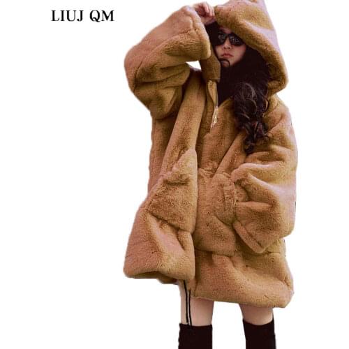 2021 Winter Fur Coat Women Thick Warm Faux Fur Sweatshirt Loose Oversized Hooded Pullover Plush Coat Winter Fur Jackets BC117