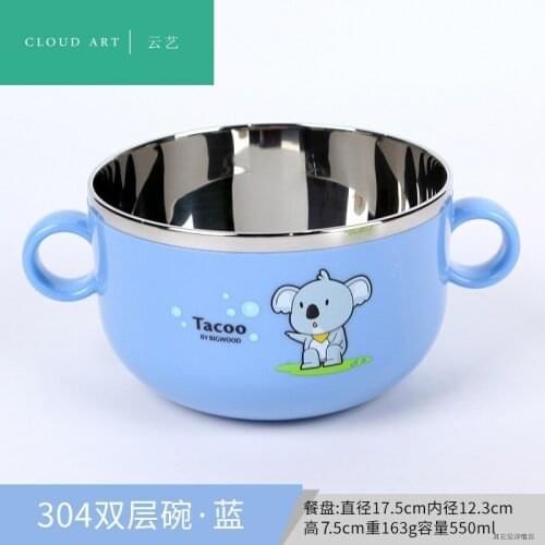 304 Stainless Steel Bowl Childrens Bowl Cute Baby Eating Bowl Binaural Double Insulation Anti-scald Anti-fall