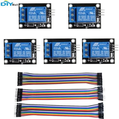 5Pcs Keyes 1 Channel Relay Module 5V Shield AVR ARM PIC DSP SRD-05VDC-SL-C With 20CM 20Pin Dupont Cable for Arduino