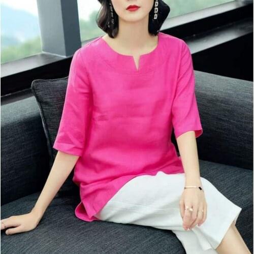 Plus size Tops Loose Cotton Linen Shirt Women Summer Blouses Short sleeve Solid color Elegant White Ladies Office Casual 4XL