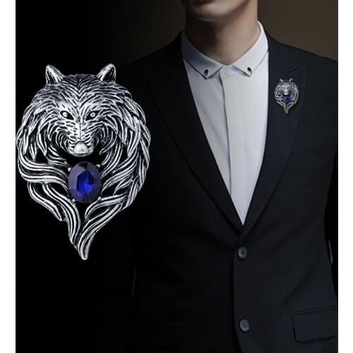 New Vintage Animal Wolf Brooche Rhinestone Collar Pins Badge Brooches Fashion Suit Shirt Clothing Jewelry for Men Accessories