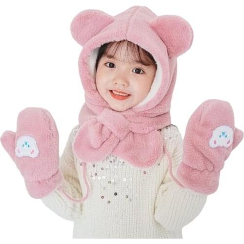 Children Hat with Hooded Scarf Winter Kids Hat Glove Set Cartoon Bear Warm Kids Cap for Girls Boys Cap Scarf Gloves 1-10Y