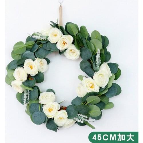 Dia 45cm Champagne Rose Flowers Door Wreath Eucalyptus Leaf for Lawn Wedding Christmas Door Decoration Wreath Garland for Door