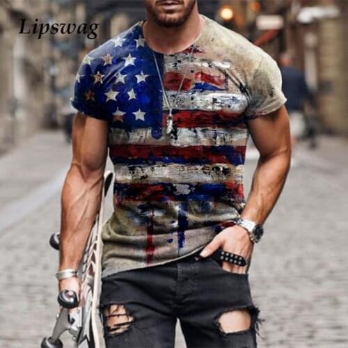 Vintage USA Flag Print O-Neck T Shirt Mens 2021 Summer Slim Short Sleeve Tees Pullover Casual Men Clothes Fashion Streetwear 3XL