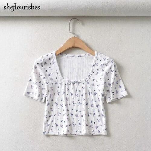 Kawaii T shirt women floral shirts summer short sleeve tees knitted sexy cropped t shirt korean square neck top white blue
