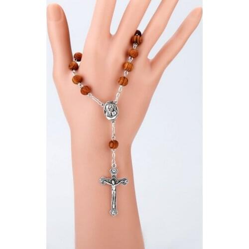 Hot Sale 10PC Catholic Rosary Bracelet Wood Beads Auto Rosary Car Rosary INRI Cross Mary Charms Religious Pope Prayer Bracelet