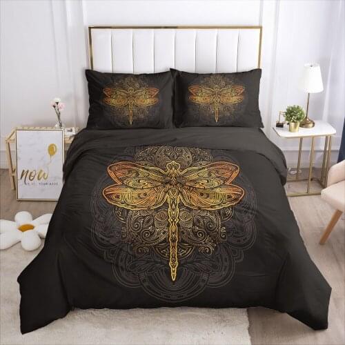 Custom Bedding Set 3D HD Black Golden dragonfly Single Twin Queen King Size Quilt Duvet Cover Pillowcases Luxury Bed Set