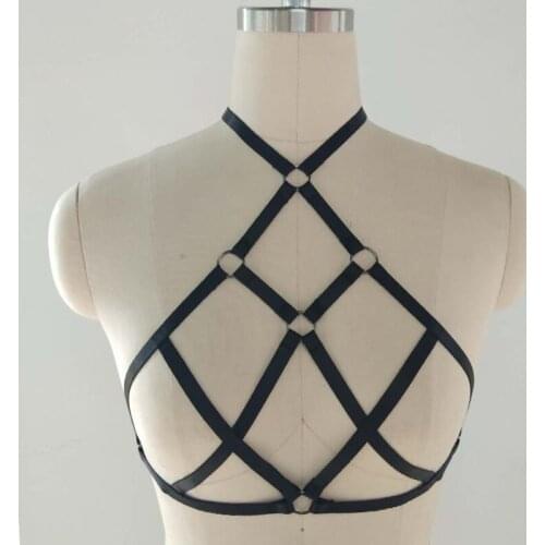 JLX.HARNESS Hollow Body Harness Bra Black Goth Edgy Grid Top Open chest Bra Sexy Lingerie Bondage Body Harness Cage Belt