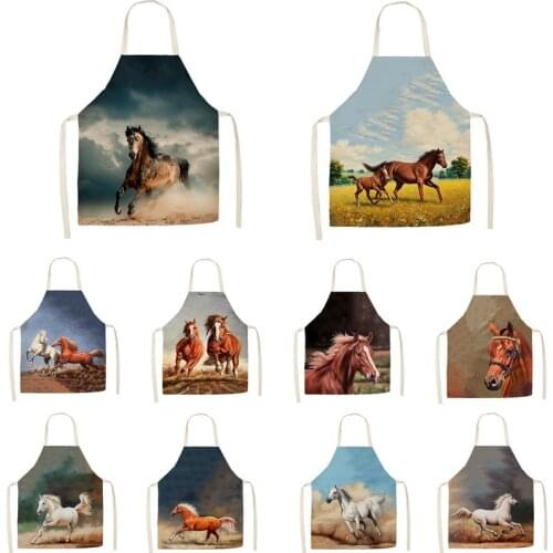 Linen Horse running oil painting theme Print Kitchen Aprons Unisex Dinner Party Cooking Bib Funny Pinafore Cleaning Apron