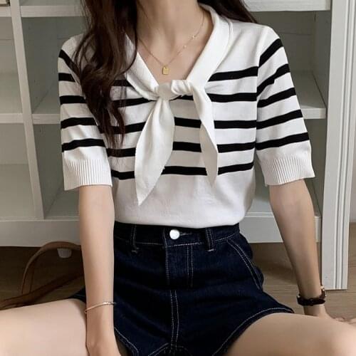 LJSXLS Summer New Stripe Stand-UP Collar Womens Sweater Korean Casual Bow Pullovers Clothes Short Sleeve Knitted Top Femme 2021