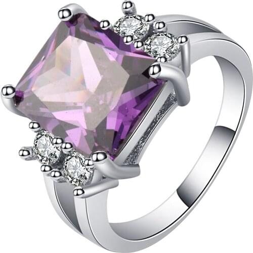 Trendy purple charming Square crystal Attract attention silver color ring for wedding women gift High quality crystal bague