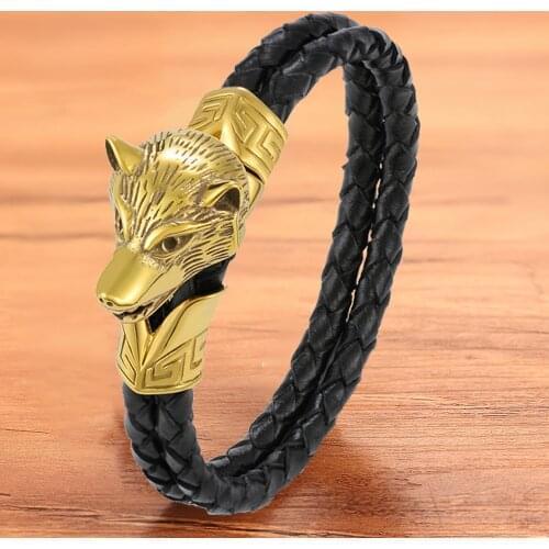 Fashion Cool Charm Animal Men Bracelet Wolf Braided Rope Rock Punk Stainless Steel Jewelry Accesoories Bangles