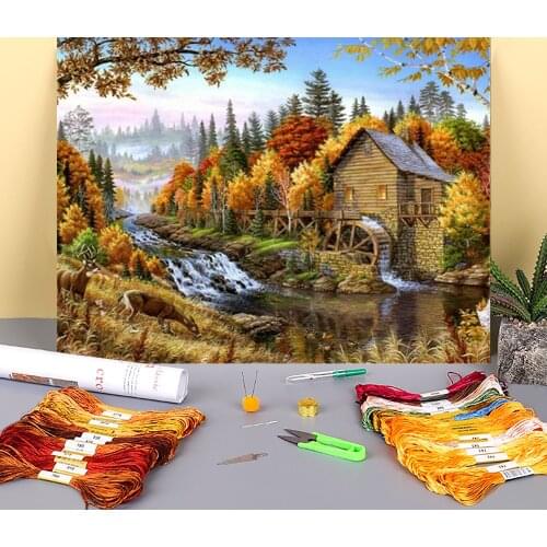 Landscape House DIY 11CT Cross Stitch Embroidery Kits Needlework Craft Set Printed Canvas Cotton Thread Home Design