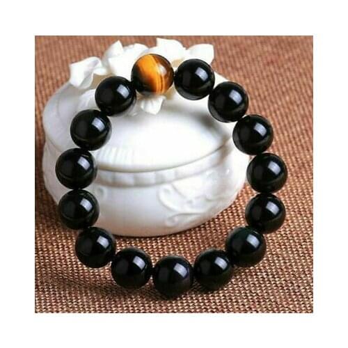 Natural 12mm Black Agate and Yellow Tigers Eye Gem Bracelet 7.5 "
