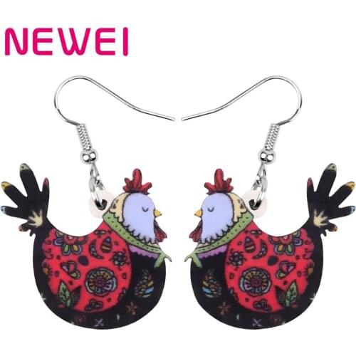 NEWEI Acrylic Floral Hen Chicken Earrings Fowl Farm Animal Drop Dangle Jewelry For Women Girl Teen Kid Charm Hot Sales Gift Bulk