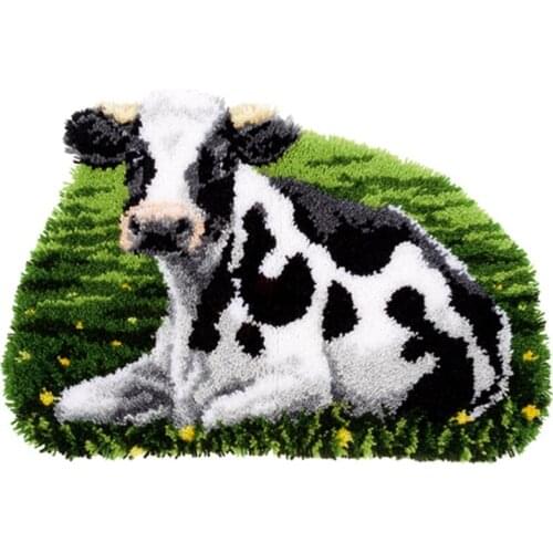 New Latch Hook Kit, DIY Crochet Yarn Kits, 19.6 X 13.38 Inch Cow Printing Rug Making Crafts For Kids Adults And Beginners