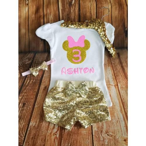 Personalize name age minnies princess birthday bodysuit onepiece sparkle gold shorts Outfit Set baby shower party gifts