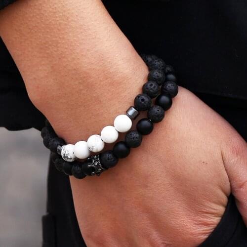 Luxury 2Piece/set Lave Howlite Bead Men Bracelet Sets Fashion Pave Cubic Zirconia Crown Charm Couple Bracelet For Women Jewelry
