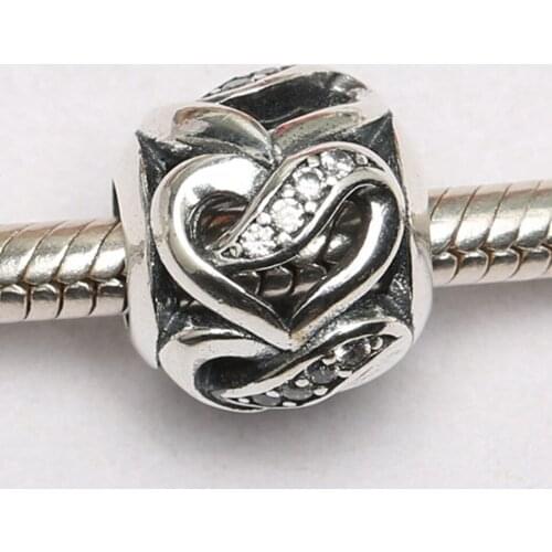 Authentic S925 Bead DIY Ribbons of Love Charm fit Lady Bracelet Bangle Clear CZ Girl Gift