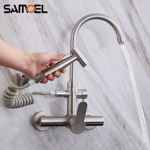 Stainless Steel Wall-mounted Dual-hole Brushed Kitchen sink Faucet Mixer with Spray Gun 360° Rotating torneira cozinha NL726