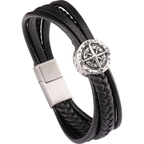 Vanbula European and American Retro Simple Hand-Woven Multi-Layer Leather Stainless Steel Compass Mens Bracelet Jewelry