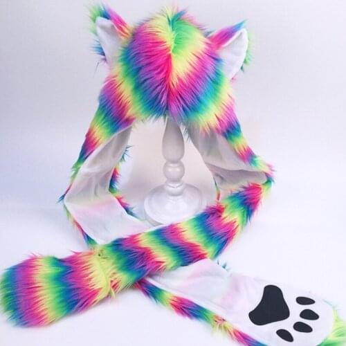 Women Rainbow Stripes Furry Animal Hoodie Hat Fluffy Plush Ears Paws 3 In 1 Earflap Cap Scarf Gloves Mittens Warmer