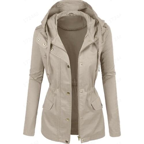 Womens Windproof Jacket Autumn Winter Female Basic Jacket Button Drawstring Outerwear Coats Motorcycle Ladies Windbreaker