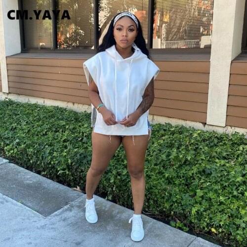 CM.YAYA Women Hoodies Solid Sleeveless Hooded Collar Draw String Loose Straight Tops Fashion High Streetwear Autumn Clothes 2021