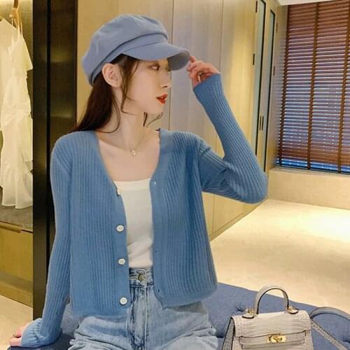 Spring 2021 New Long Sleeve Loose V-neck Knitted Cardigan Women Red Short Jacket Women